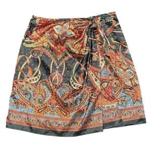 Silky Mini Skirt- Faux Wrap- Black Red- Abstract- Large Richie Tailor Paisley